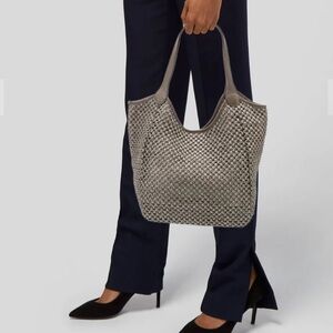 120% Lino Leather Trim Shoulder Bag Tote in Taupe